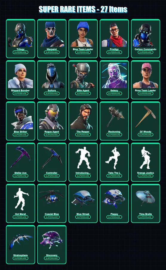 [PC/XBOX] | Trilogy | Warpaint | Blue Team Leader | Prodigy | Carbon Commando | 80 skin | 82 pickaxe | 72 emote | 83 glider | Lv1115