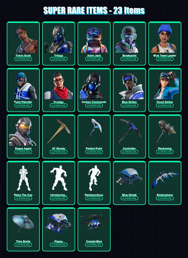 [PS4/PS5/XBOX/PC] | Travis Scott | Trilogy | Astro Jack | Breakpoint | Blue Team Leader | 153 skin | 124 pickaxe | 145 emote | 112 glider | Lv1385