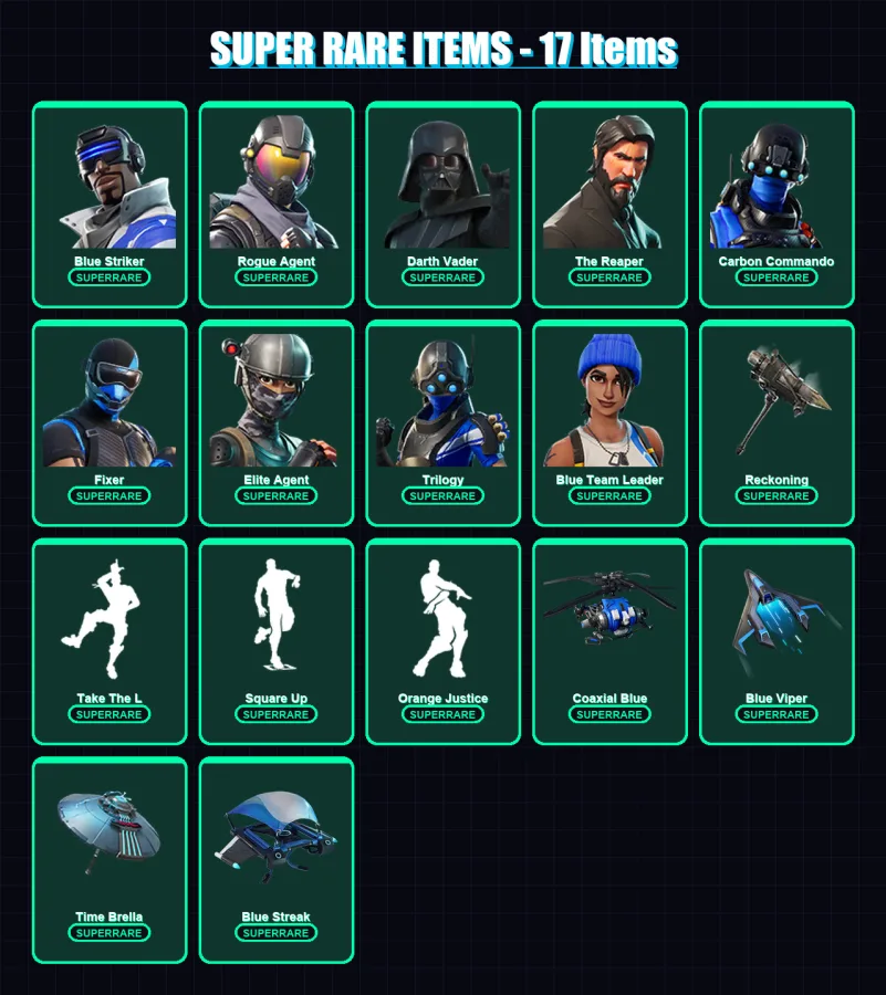 [PS4/PS5/XBOX/PC] | Blue Striker | Rogue Agent | Darth Vader | The Reaper | Carbon Commando | 183 skin | 181 pickaxe | 163 emote | 187 glider | Lv24