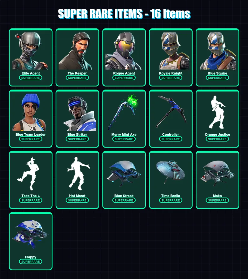 [PC/XBOX] | Elite Agent | The Reaper | Rogue Agent | Royale Knight | Blue Squire | 59 skin | 65 pickaxe | 98 emote | 73 glider | Lv1250