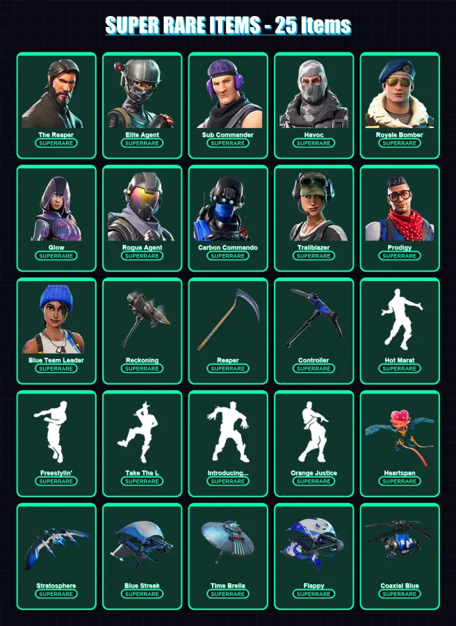 [PS4/PS5/XBOX/PC] | The Reaper | Elite Agent | Sub Commander | Havoc | Royale Bomber | 229 skin | 217 pickaxe | 174 emote | 192 glider | Lv3106