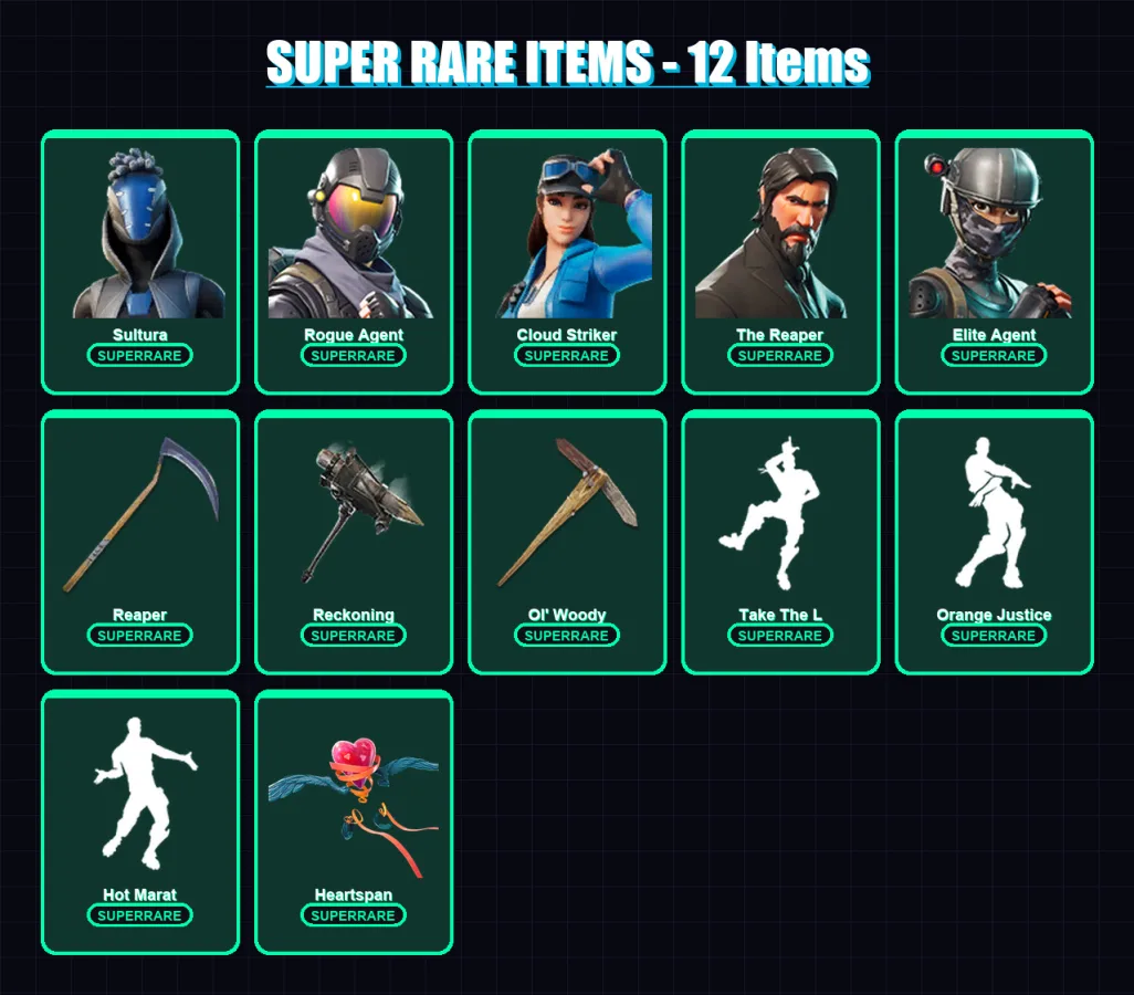 [PC/XBOX/PSN] | Sultura | Rogue Agent | Cloud Striker | The Reaper | Elite Agent | 117 skin | 60 pickaxe | 86 emote | 56 glider | Lv954