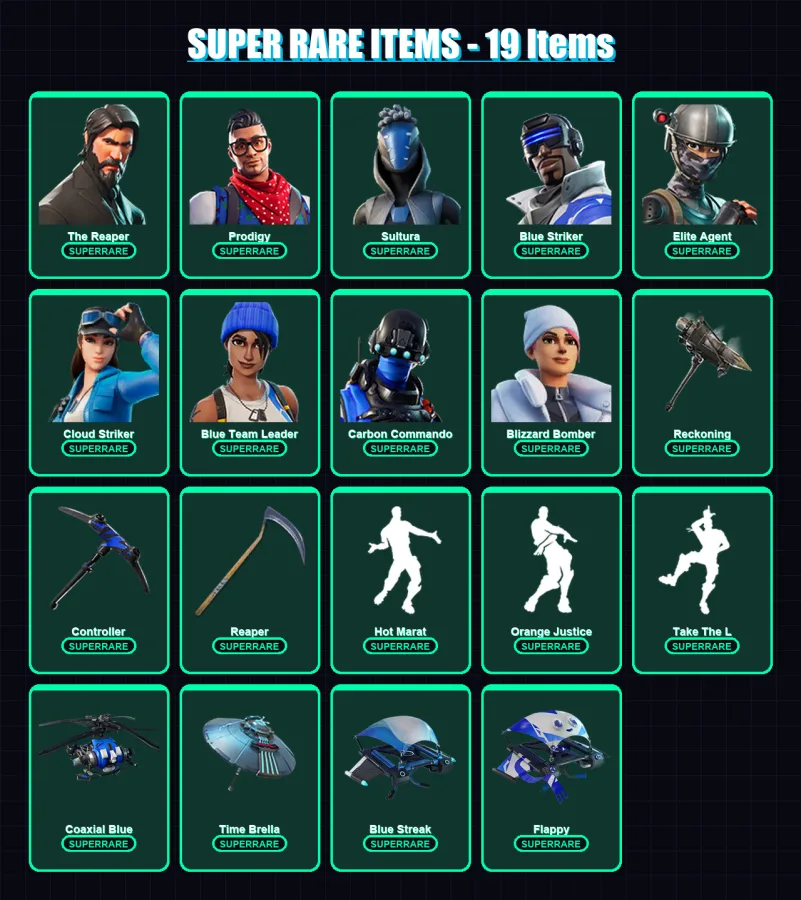 [PS4/PS5/XBOX/PC] | The Reaper | Prodigy | Sultura | Blue Striker | Elite Agent | 72 skin | 74 pickaxe | 82 emote | 89 glider | Lv1465