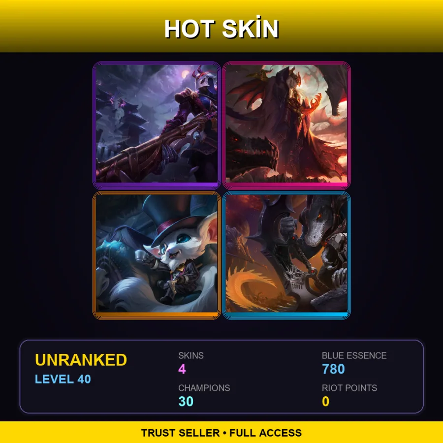 EUW | Lv40 | Unranked | 4 Skin | 30 Champ