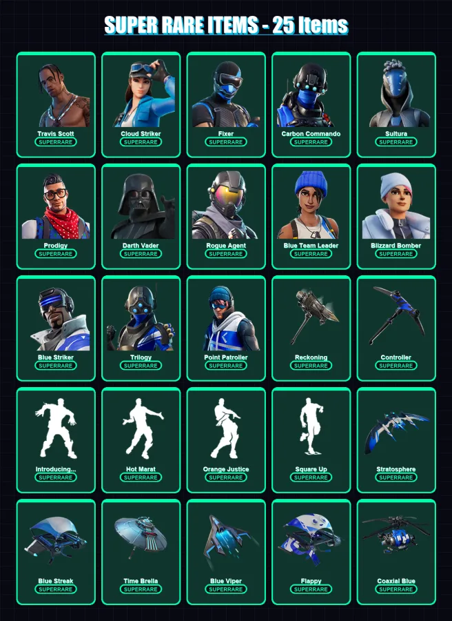 [PS4/PS5/XBOX/PC] | Travis Scott | Cloud Striker | Fixer | Carbon Commando | Sultura | 86 skin | 98 pickaxe | 87 emote | 102 glider | Lv1786