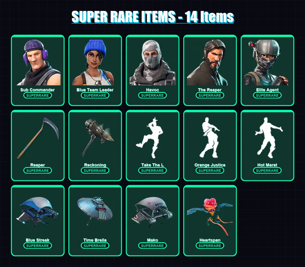 [PS4/PS5/XBOX/PC] | Sub Commander | Blue Team Leader | Havoc | The Reaper | Elite Agent | 70 skin | 72 pickaxe | 77 emote | 77 glider | Lv1607