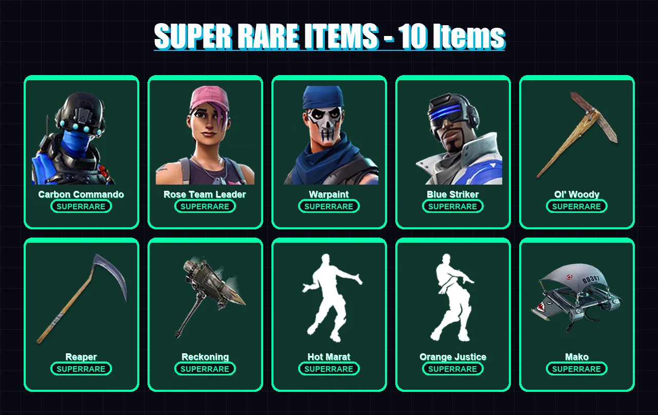 [PS4/PS5/XBOX/PC] | Carbon Commando | Rose Team Leader | Warpaint | Blue Striker | The Prisoner | 65 skin | 72 pickaxe | 62 emote | 59 glider | Lv82