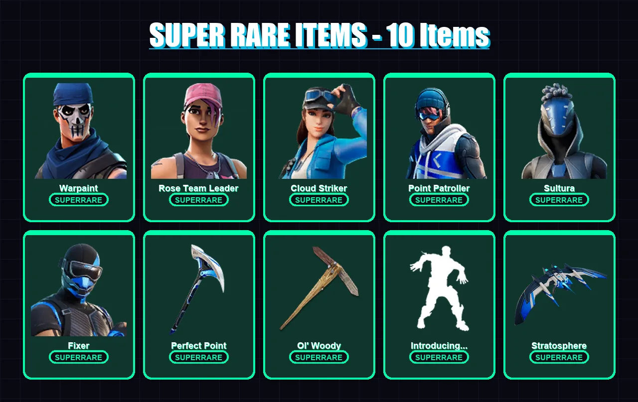[PC] | Warpaint | Rose Team Leader | Cloud Striker | Point Patroller | Sultura | 83 skin | 103 pickaxe | 97 emote | 83 glider | Lv1461