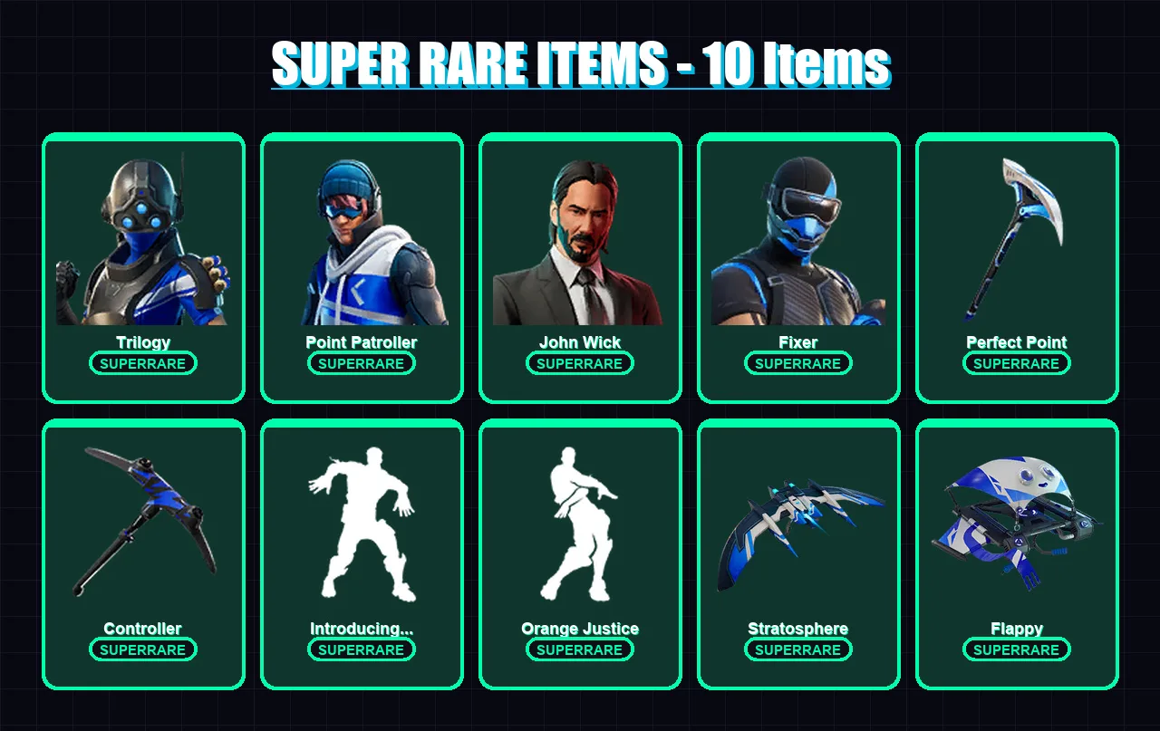 [PC] | Trilogy | Point Patroller | John Wick | Fixer | Fade | 62 skin | 101 pickaxe | 58 emote | 77 glider | Lv1185