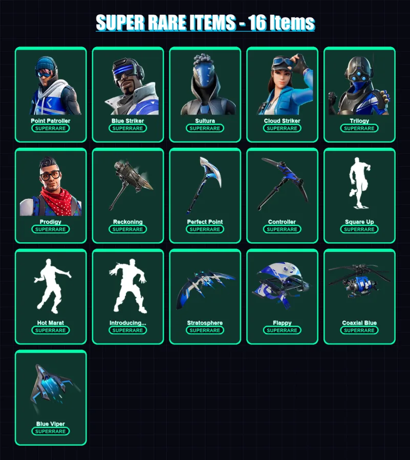 [PS4/PS5/XBOX/PC] | Point Patroller | Blue Striker | Sultura | Cloud Striker | Trilogy | 58 skin | 69 pickaxe | 68 emote | 60 glider | Lv664