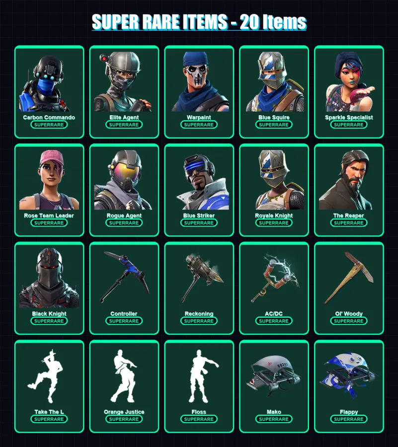[PS4/PS5/XBOX/PC] | Carbon Commando | Elite Agent | Warpaint | Blue Squire | Sparkle Specialist | 86 skin | 69 pickaxe | 83 emote | 78 glider | Lv99