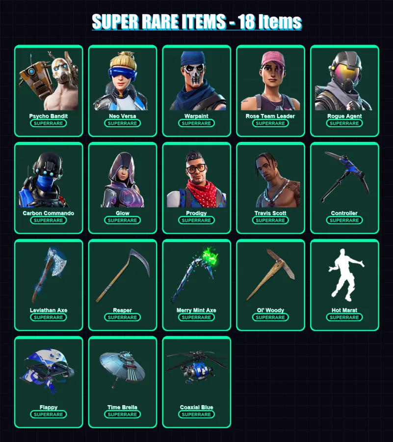 [PC/XBOX] | Psycho Bandit | Neo Versa | Warpaint | Rose Team Leader | Rogue Agent | 219 skin | 212 pickaxe | 135 emote | 161 glider | Lv2623