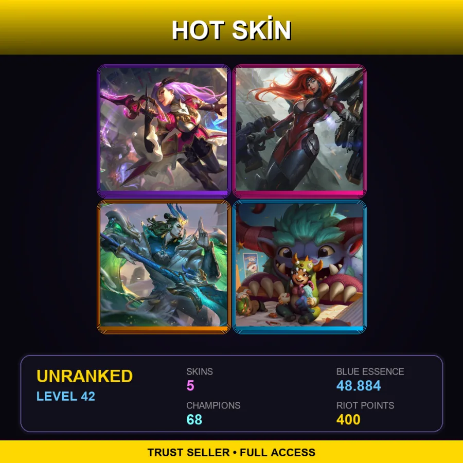 NA | Battle Queen Katarina | Gun Goddess Miss Fortune | Immortal Journey Zaahen | Grungy Nunu & Willump | 5 Skin | 68 Champ | Lv42