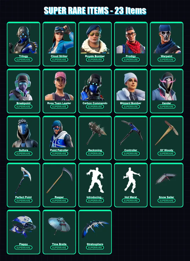 [PC/PSN] | Trilogy | Cloud Striker | Royale Bomber | Prodigy | Warpaint | 221 skin | 230 pickaxe | 187 emote | 184 glider | Lv2704
