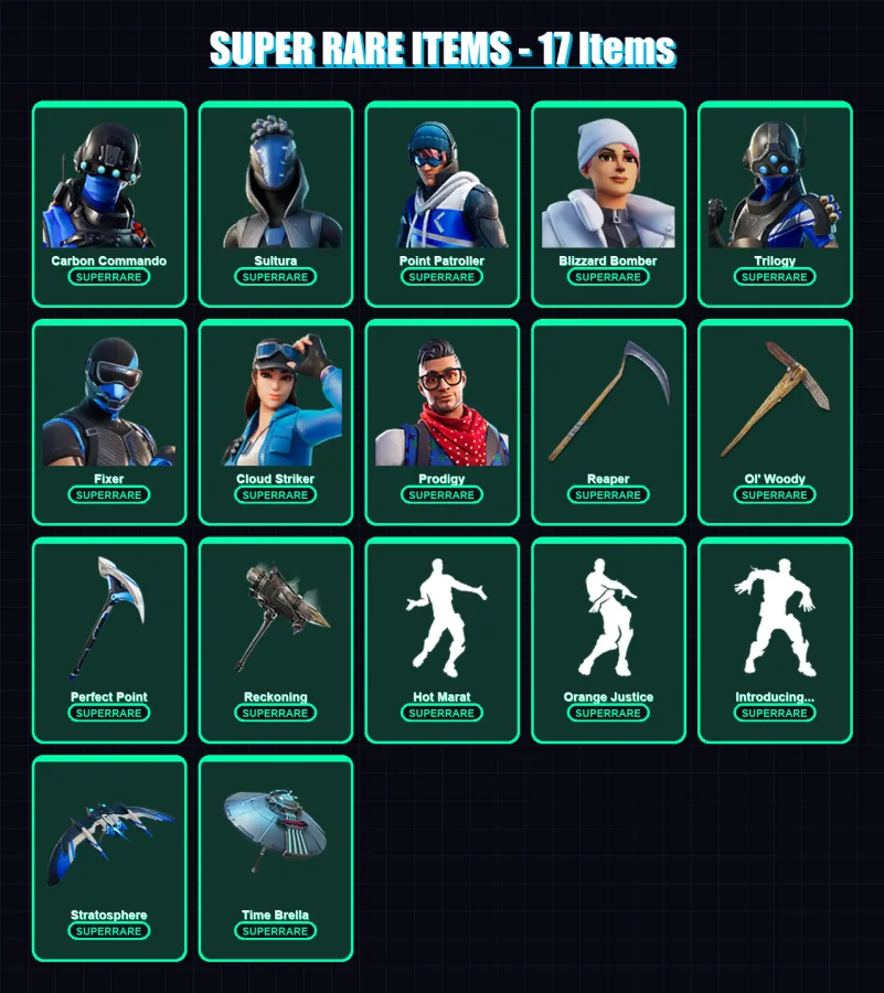 [PS4/PS5/XBOX/PC] | Carbon Commando | Sultura | Point Patroller | Blizzard Bomber | Trilogy | 150 skin | 180 pickaxe | 162 emote | 150 glider | Lv24