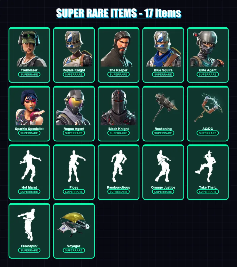 [PC/XBOX] | Trailblazer | Royale Knight | The Reaper | Blue Squire | Elite Agent | 162 skin | 104 pickaxe | 128 emote | 91 glider | Lv997