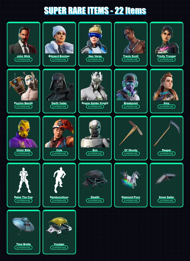 [PC/XBOX/PSN] | John Wick | Blizzard Bomber | Neo Versa | Travis Scott | Trinity Trooper | 1458 skin | 897 pickaxe | 931 emote | 400 glider | Lv6179