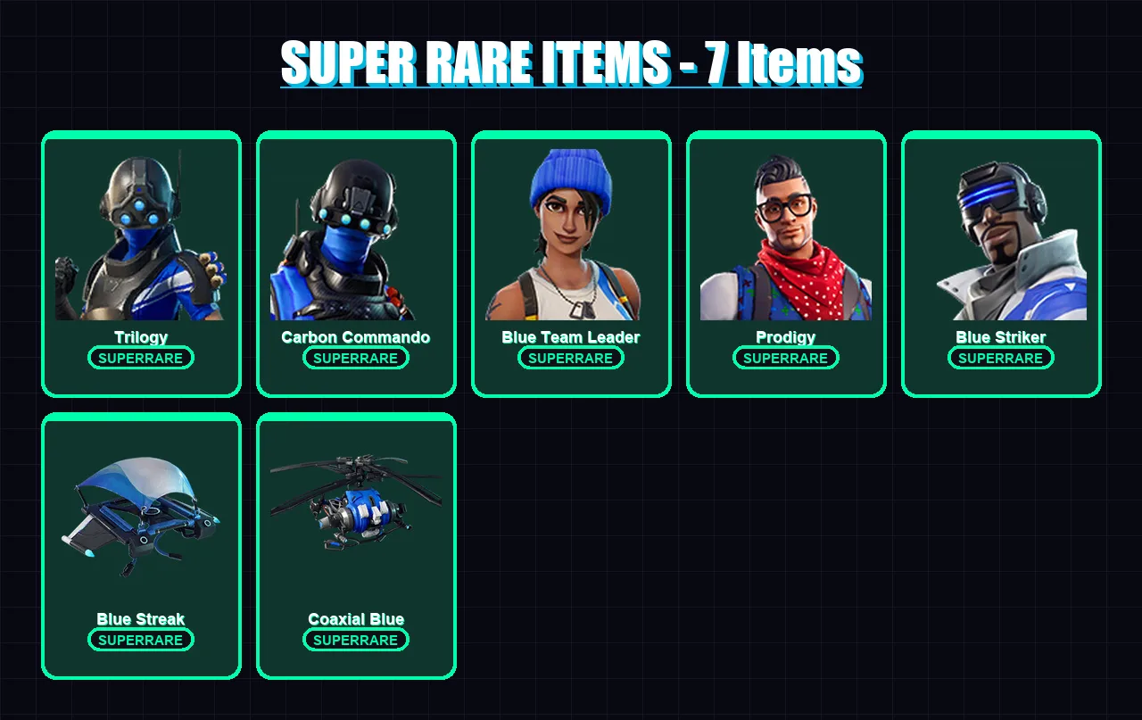 [PS4/PS5/XBOX/PC] | Trilogy | Carbon Commando | Blue Team Leader | Prodigy | Blue Striker | 7 skin | 5 pickaxe | 10 emote | 11 glider | Lv152