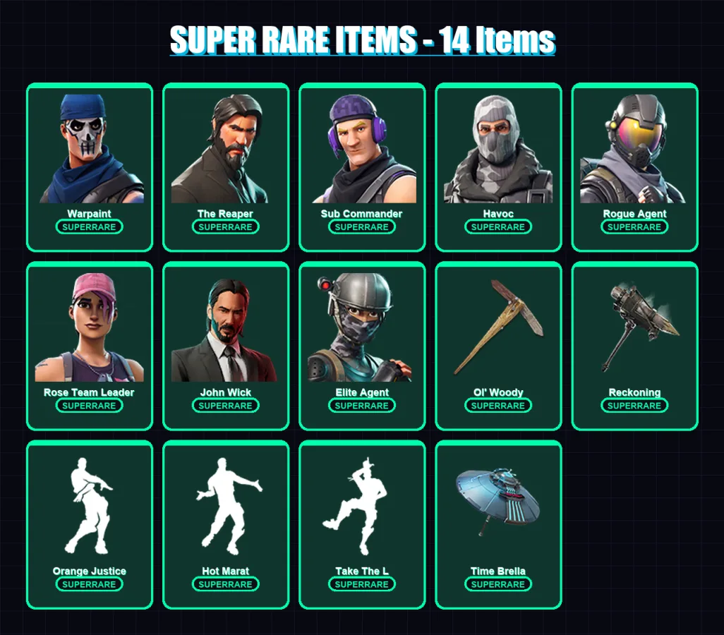 [PC] | Warpaint | The Reaper | Sub Commander | Havoc | Rogue Agent | 69 skin | 59 pickaxe | 71 emote | 64 glider | Lv971 — Fortnite account