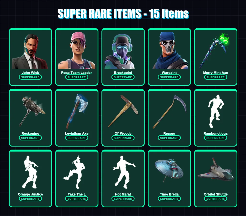 [PS4/PS5/XBOX/PC] | John Wick | Rose Team Leader | Breakpoint | Warpaint | Kado Thorne | 418 skin | 371 pickaxe | 316 emote | 247 glider | Lv2606