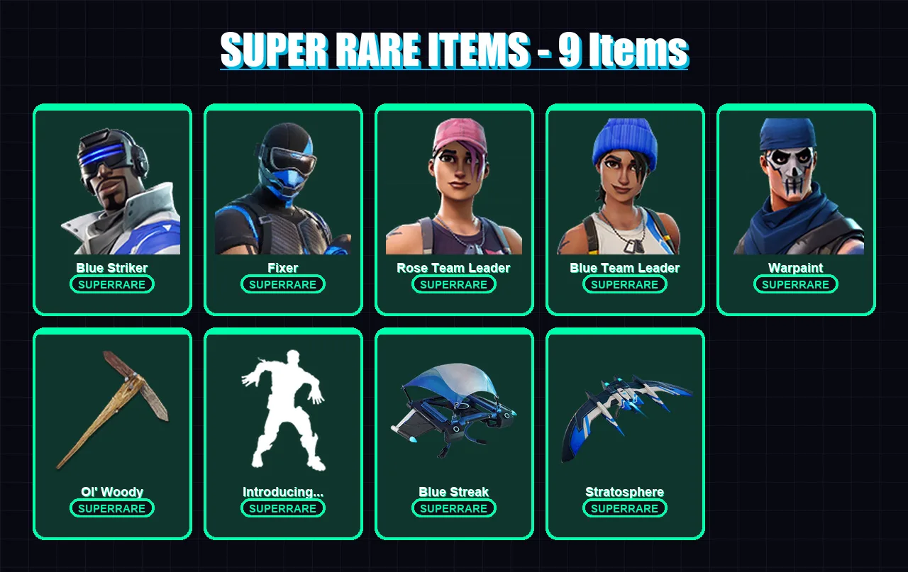 [PS4/PS5/XBOX/PC] | Blue Striker | Fixer | Rose Team Leader | Blue Team Leader | Warpaint | 9 skin | 13 pickaxe | 10 emote | 14 glider | Lv72