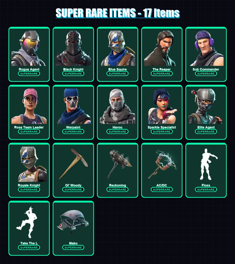 [PC/XBOX/PSN] | Rogue Agent | Black Knight | Blue Squire | The Reaper | Sub Commander | 27 skin | 20 pickaxe | 21 emote | 27 glider | Lv258