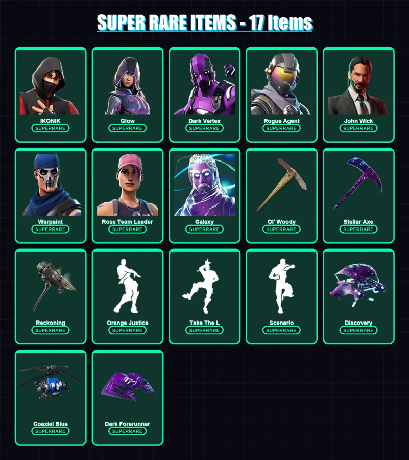 [PC/XBOX/PSN] | IKONIK | Glow | Dark Vertex | Rogue Agent | John Wick | 50 skin | 28 pickaxe | 30 emote | 34 glider | Lv241