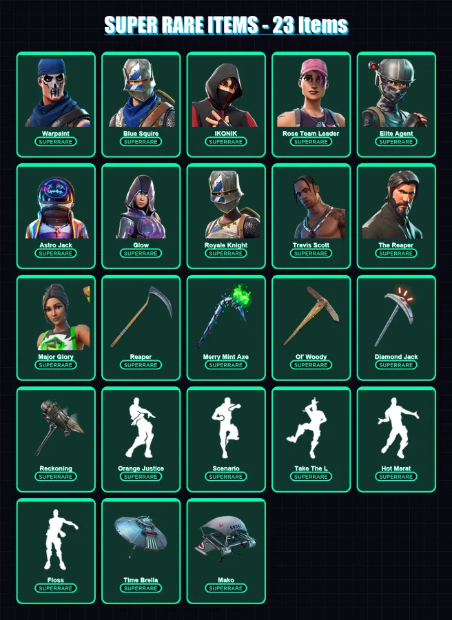 [PC] | Warpaint | Blue Squire | IKONIK | Rose Team Leader | Elite Agent | 543 skin | 570 pickaxe | 449 emote | 360 glider | Lv5032