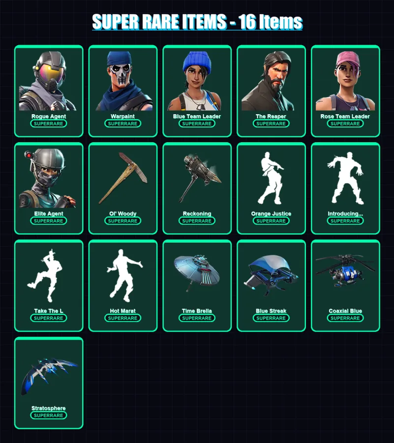 [PS4/PS5/XBOX/PC] | Rogue Agent | Warpaint | Blue Team Leader | The Reaper | Rose Team Leader | 90 skin | 82 pickaxe | 98 emote | 85 glider | Lv1130