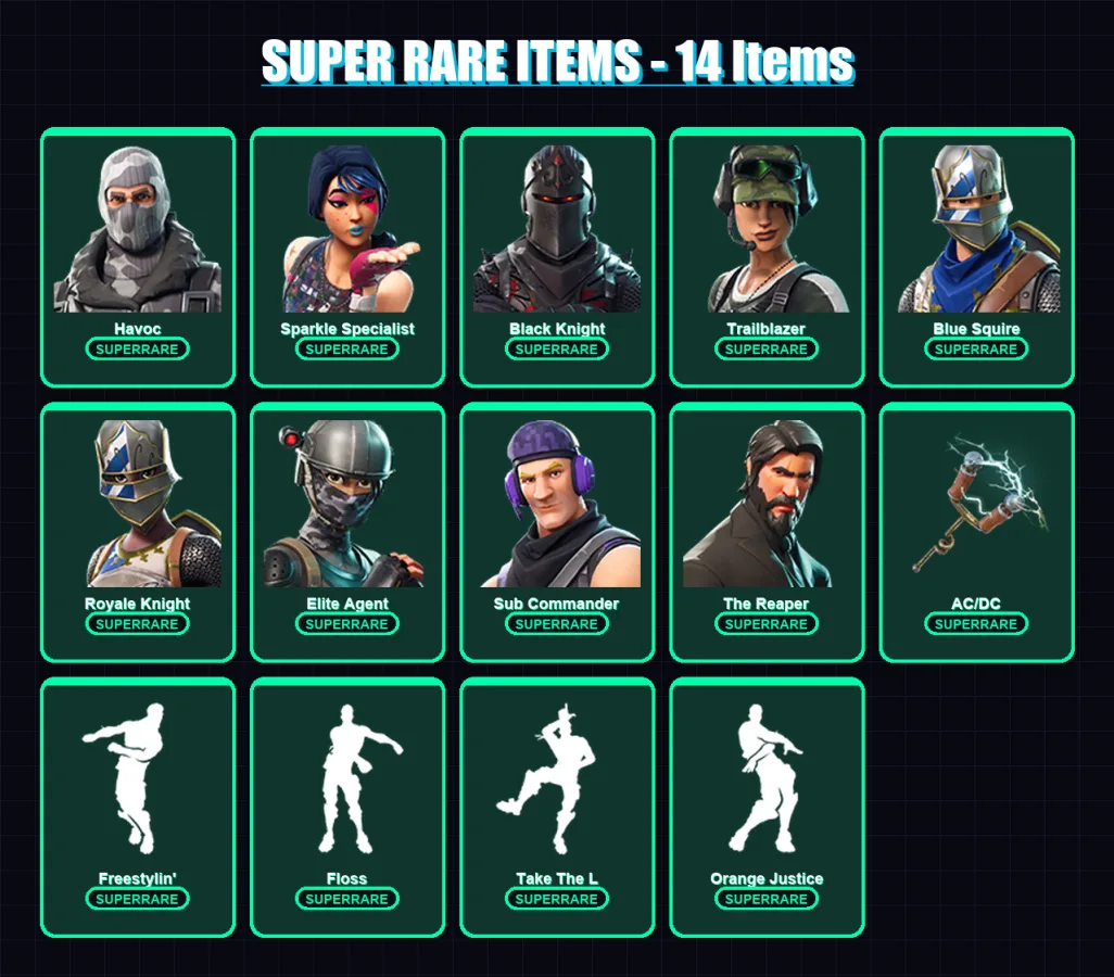 [SWITCH/XBOX/PC] | Havoc | Sparkle Specialist | Black Knight | Trailblazer | Blue Squire | 36 skin | 27 pickaxe | 32 emote | 31 glider | Lv523
