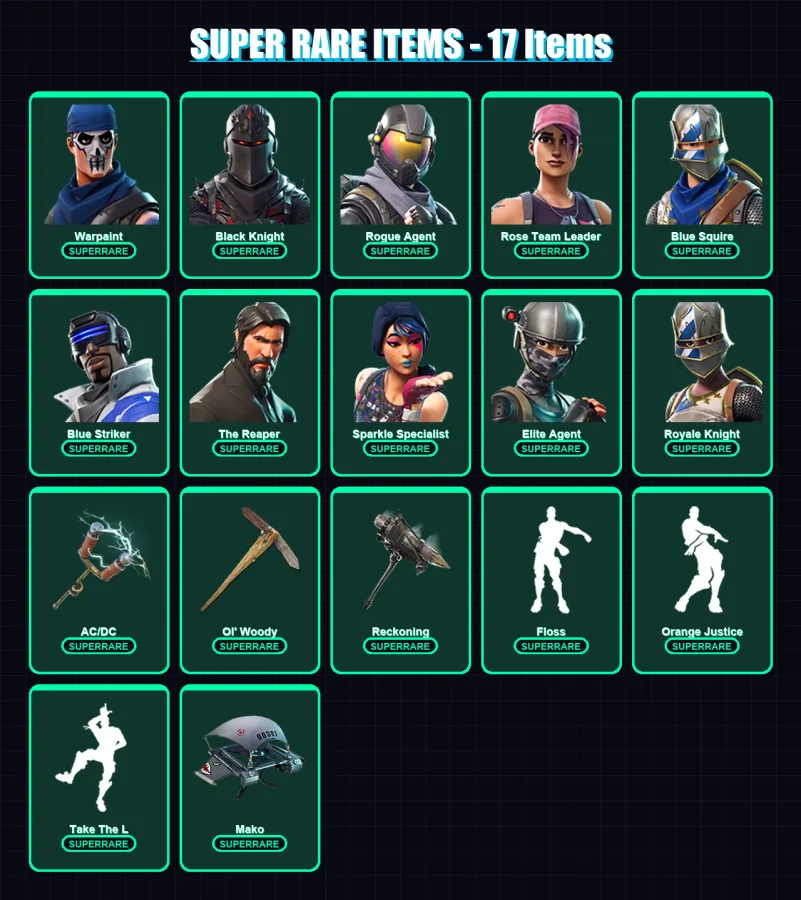 [PC] | Warpaint | Black Knight | Rogue Agent | Rose Team Leader | Blue Squire | 51 skin | 51 pickaxe | 55 emote | 60 glider | Lv766