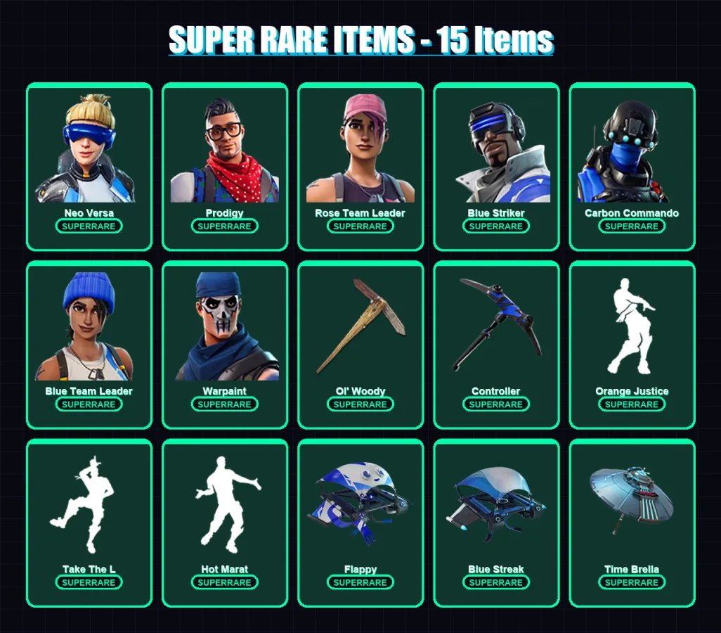 [PC/XBOX] | Neo Versa | Prodigy | Rose Team Leader | Blue Striker | Carbon Commando | 60 skin | 114 pickaxe | 84 emote | 100 glider | Lv1510