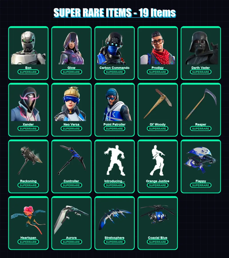 [PS4/PS5/PC] | Eon | Glow | Carbon Commando | Prodigy | Darth Vader | 190 skin | 199 pickaxe | 157 emote | 162 glider | Lv2069
