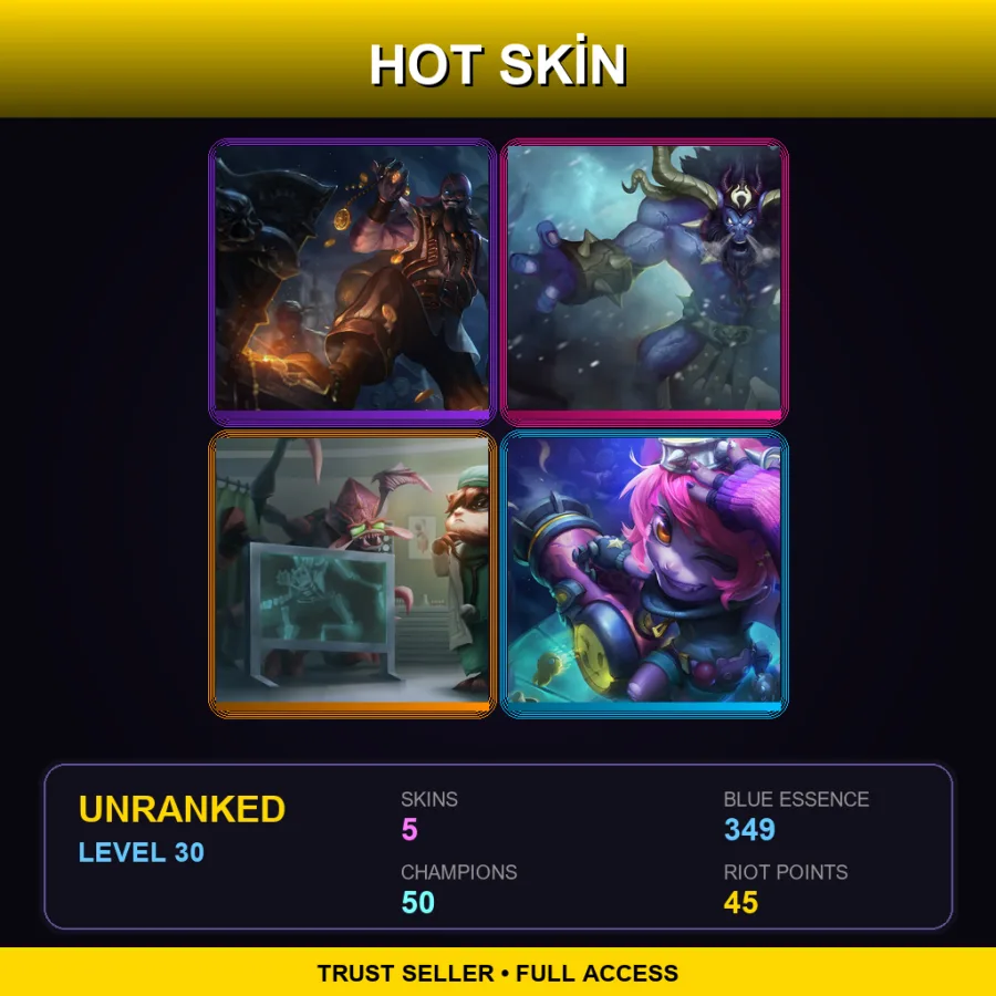 EUNE | Pirate Ryze | Unchained Alistar | Kennen M.D. | Riot Girl Tristana | 5 Skin | 50 Champ | Lv30