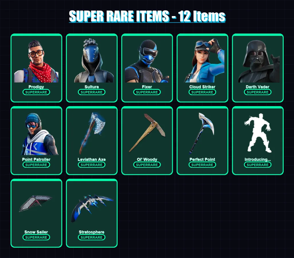 [PS4/PS5/XBOX/PC] | Prodigy | Sultura | Fixer | Cloud Striker | Darth Vader | 141 skin | 155 pickaxe | 135 emote | 143 glider | Lv2504