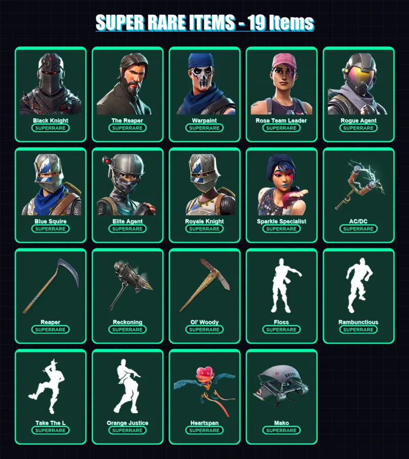 [PC/XBOX/PSN] | Black Knight | The Reaper | Omega | Warpaint | Rose Team Leader | 50 skin | 35 pickaxe | 60 emote | 35 glider | Lv487