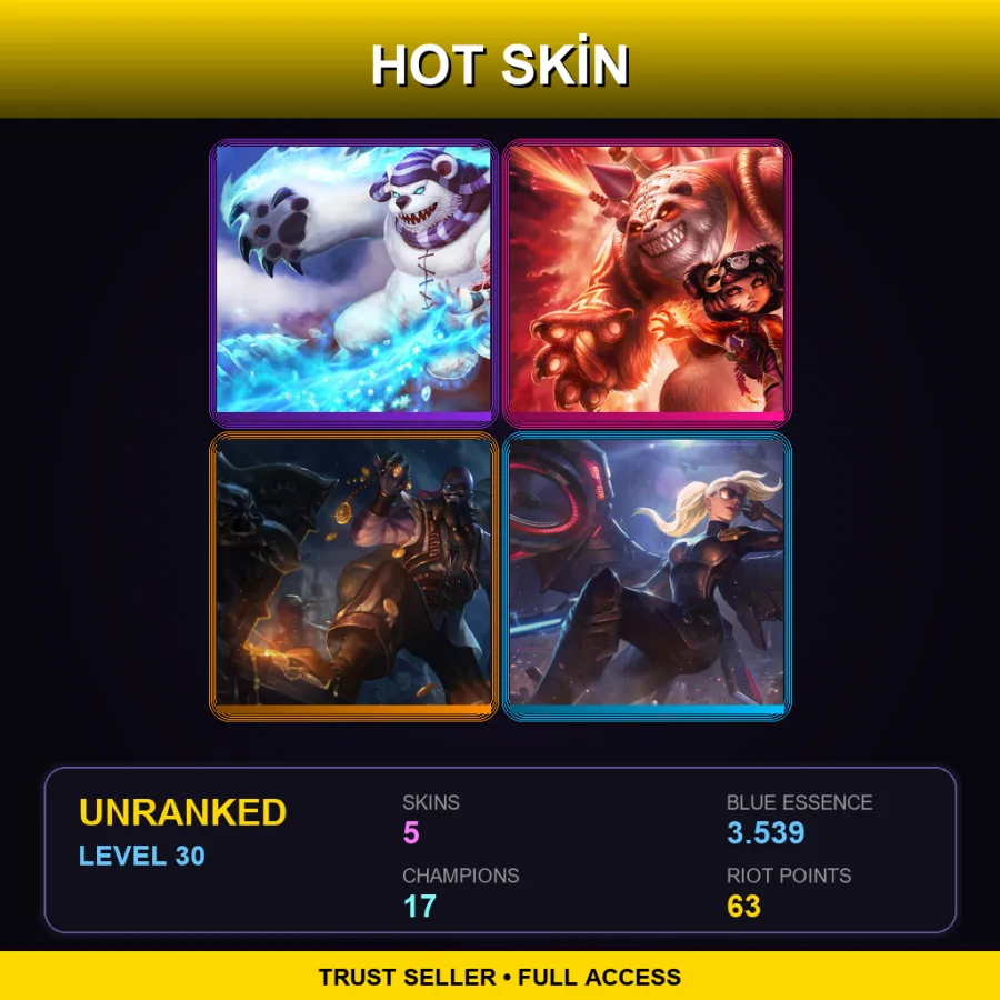 EUW | Lv30 | Unranked | 5 Skin | 17 Champ