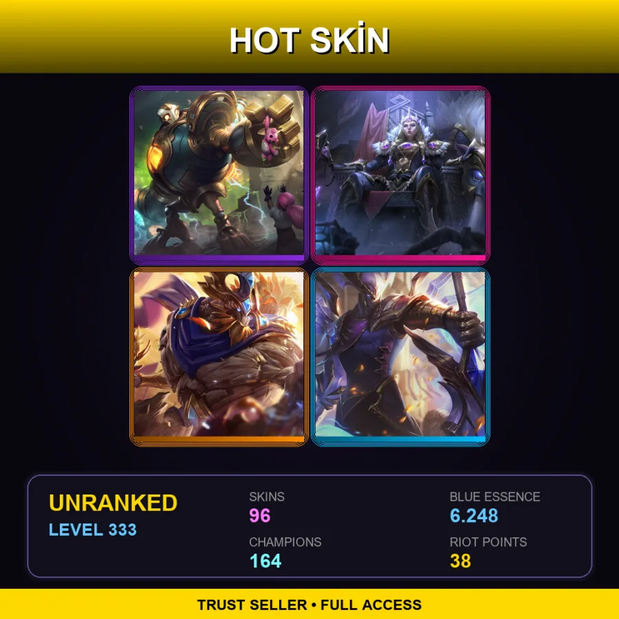 LAS | Lv333 | Unranked | 96 Skin | 164 Champ — LoL account