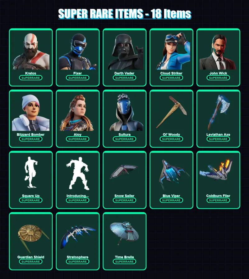 [PC] | Kratos | Fixer | Darth Vader | Cloud Striker | John Wick | 695 skin | 614 pickaxe | 438 emote | 324 glider | Lv4649