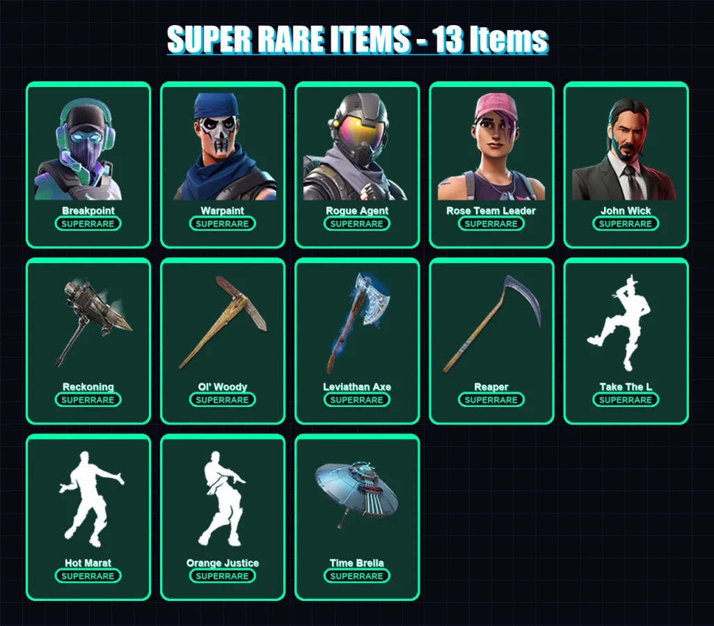 [PC] | Breakpoint | Warpaint | Rogue Agent | Rose Team Leader | John Wick | 166 skin | 125 pickaxe | 128 emote | 113 glider | Lv1759