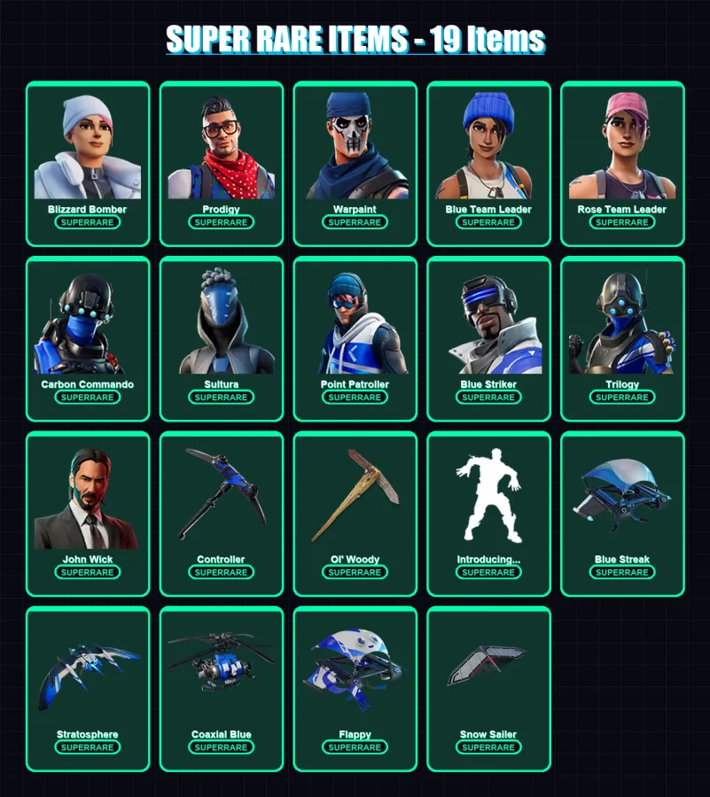 [PC] | Blizzard Bomber | Prodigy | Warpaint | Blue Team Leader | Rose Team Leader | 85 skin | 99 pickaxe | 64 emote | 84 glider | Lv802