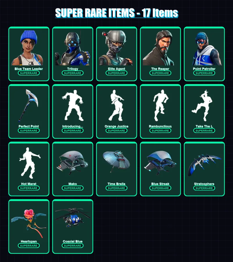 [PC/XBOX] | Blue Team Leader | Trilogy | Elite Agent | The Reaper | Point Patroller | 105 skin | 117 pickaxe | 115 emote | 134 glider | Lv1812