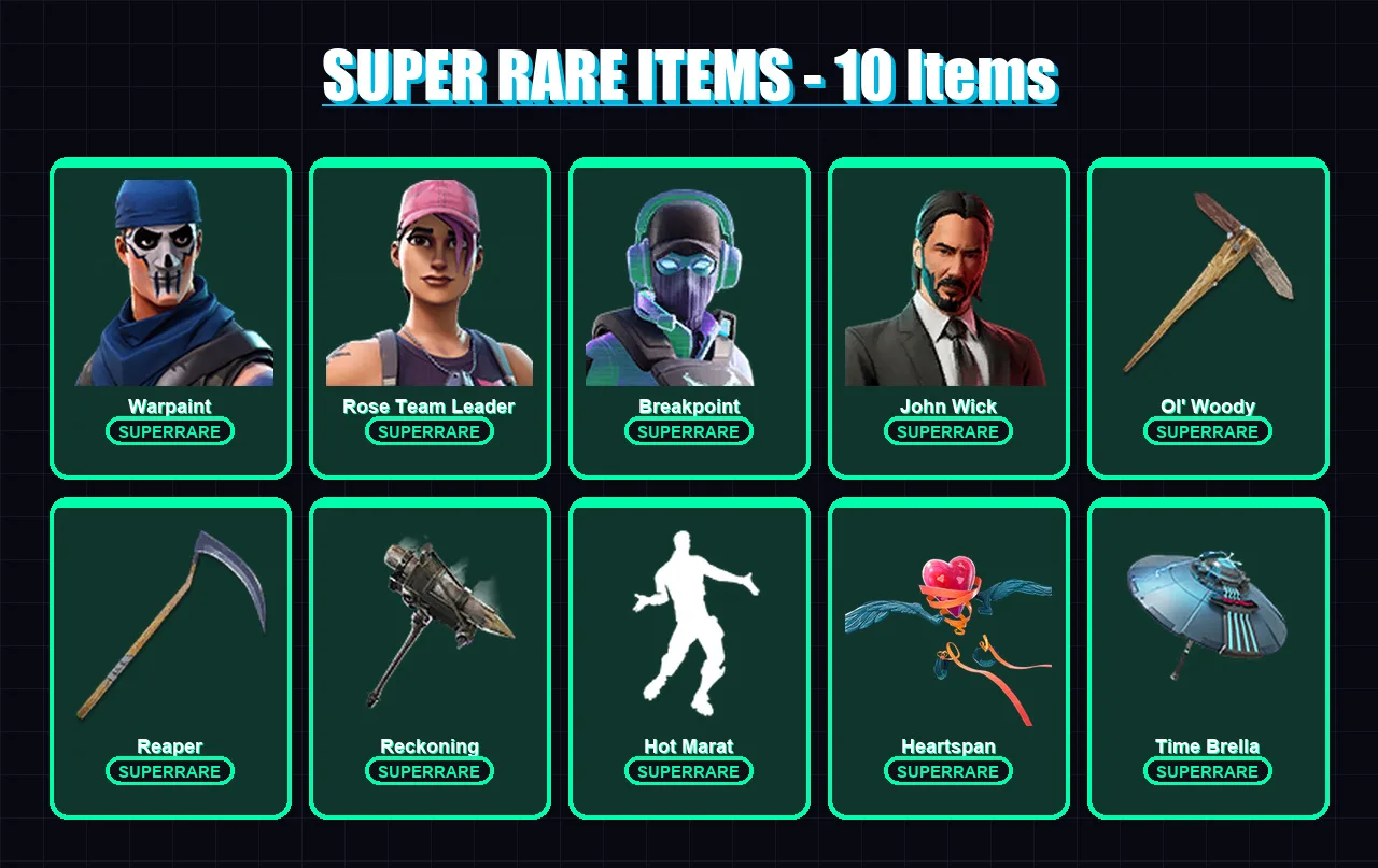 [PC/PSN] | Warpaint | Rose Team Leader | Breakpoint | John Wick | Rox | 75 skin | 51 pickaxe | 65 emote | 56 glider | Lv738