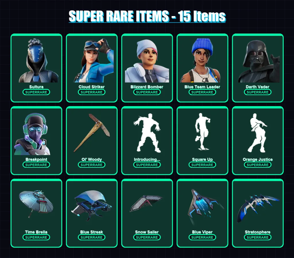 [PS4/PS5/PC] | Sultura | Cloud Striker | Blizzard Bomber | Blue Team Leader | Darth Vader | 285 skin | 358 pickaxe | 253 emote | 281 glider | Lv5896