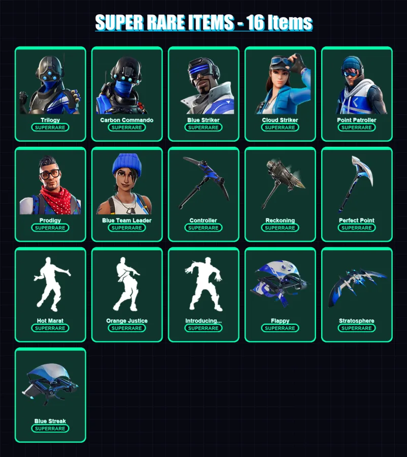 [PS4/PS5/PC] | Trilogy | Carbon Commando | Blue Striker | Cloud Striker | Point Patroller | 133 skin | 167 pickaxe | 168 emote | 124 glider | Lv1676