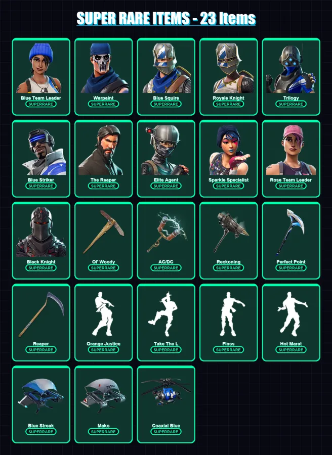 [PS4/PS5/XBOX/PC] | Blue Team Leader | Warpaint | Blue Squire | Royale Knight | Trilogy | 52 skin | 39 pickaxe | 69 emote | 48 glider | Lv651