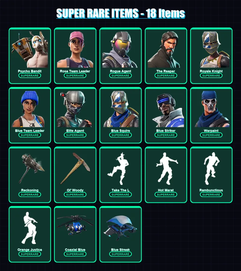 [PS4/PS5/XBOX/PC] | Psycho Bandit | Rose Team Leader | Rogue Agent | The Reaper | Royale Knight | 100 skin | 65 pickaxe | 72 emote | 77 glider | Lv7