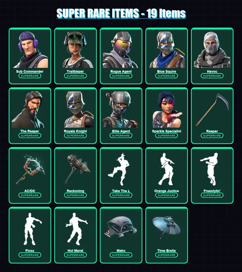 [PC/XBOX/PSN] | Sub Commander | Trailblazer | Rogue Agent | Blue Squire | Havoc | 68 skin | 77 pickaxe | 82 emote | 74 glider | Lv1090
