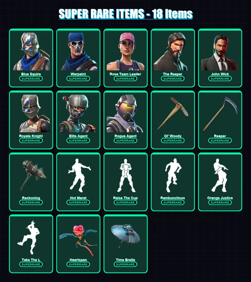 [PC/PSN] | Blue Squire | Warpaint | Rose Team Leader | The Reaper | John Wick | 214 skin | 171 pickaxe | 184 emote | 158 glider | Lv2796