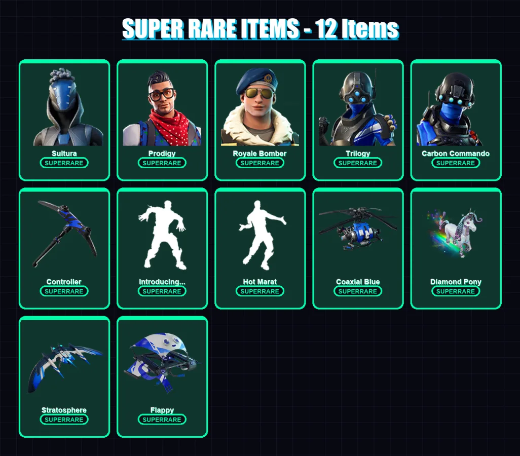 [PC/XBOX] | Sultura | Prodigy | Royale Bomber | Trilogy | Carbon Commando | 60 skin | 46 pickaxe | 53 emote | 46 glider | Lv372